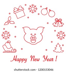 Happy New Year 2019 card. Christmas tree, pig, sled, bag, mistletoe, gift box, balls, bells, snowflakes. Pig is a symbol of the 2019 Chinese New Year.