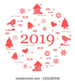 Happy New Year 2019 card. Christmas trees, birds, houses, gingerbread, bells, stars, hearts, snowflakes.