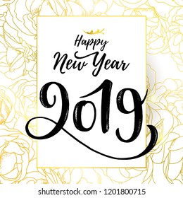 Happy New Year 2019 card design. Vector illustration. Hand written lettering with paint texture.