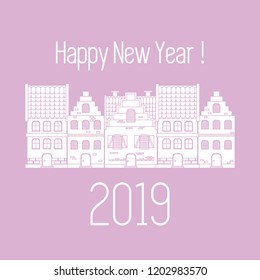 Happy New Year 2019 card. Vector illustration houses. Design for postcard, banner, print.