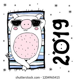 Happy new year 2019 card. Merry Christmas! Cute pig 2019 year symbol