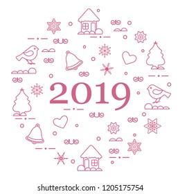 Happy New Year 2019 card. Christmas trees, birds, houses, gingerbread, bells, stars, hearts, snowflakes.