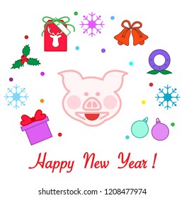 Happy New Year 2019 card. Christmas wreath, pig, gift tag, mistletoe, gift box, balls, bells, snowflakes. Pig is a symbol of the 2019 Chinese New Year.