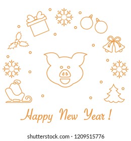 Happy New Year 2019 card. Christmas tree, pig, sled, bag, mistletoe, gift box, balls, bells, snowflakes. Pig is a symbol of the 2019 Chinese New Year.