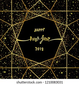 Happy New Year 2019 card with gold geometric frame and glitter. Modern luxury minimalistic template for greeting card, party invitation, covers with text place.