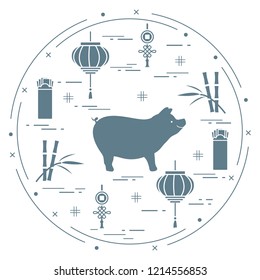 Happy New Year 2019 card. Chinese New Year symbols. Pig, lantern, chinese red envelopes of money, bamboo, coin for luck. Festive traditions of different countries.