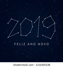 Happy new year 2019 card, constellations of the night sky. Editable vector design. Portuguese version.