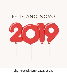 Happy new year 2019 card, balloons font, editable vector design. Portuguese version.