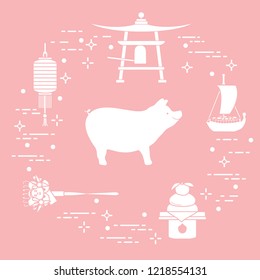Happy New Year 2019 card. New Year symbols in Japan. Boar, lantern, bell, mochi, orange, treasure ship. Festive traditions of different countries.