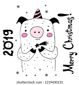 Happy new year 2019 card. Merry Christmas! Cute pig 2019 year symbol