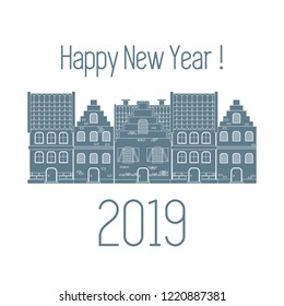 Happy New Year 2019 card. Vector illustration houses. Design for postcard, banner, print.