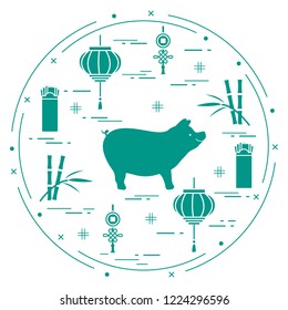 Happy New Year 2019 card. Chinese New Year symbols. Pig, lantern, chinese red envelopes of money, bamboo, coin for luck. Festive traditions of different countries.