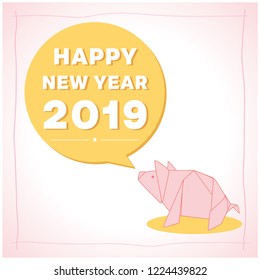 Happy New Year 2019 card design.Zodiac sign with pig origami and craft style on pink background. 