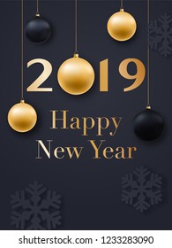 Happy New Year 2019 card design. Realistic Christmas golden balls, snowflakes and confetti. Vector design template for festive brochures, posters, banners, greeting card, etc.