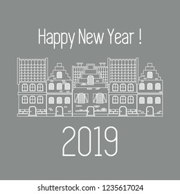 Happy New Year 2019 card. Vector illustration houses. Design for postcard, banner, print.
