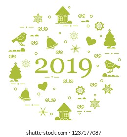Happy New Year 2019 card. Christmas trees, birds, houses, gingerbread, bells, stars, hearts, snowflakes.