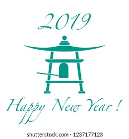 Happy New Year 2019 card. New Year symbol in Japan. Bell. Festive traditions of different countries.