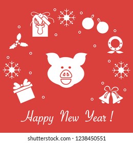 Happy New Year 2019 card. Christmas wreath, pig, gift tag, mistletoe, gift box, balls, bells, snowflakes. Pig is a symbol of the 2019 Chinese New Year.