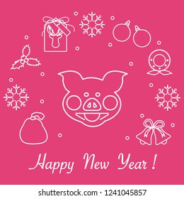 Happy New Year 2019 card. Christmas wreath, pig, gift tag, mistletoe, gift bag, balls, bells, snowflakes. Pig is a symbol of the 2019 Chinese New Year.