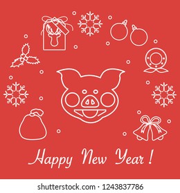 Happy New Year 2019 card. Christmas wreath, pig, gift tag, mistletoe, gift bag, balls, bells, snowflakes. Pig is a symbol of the 2019 Chinese New Year.