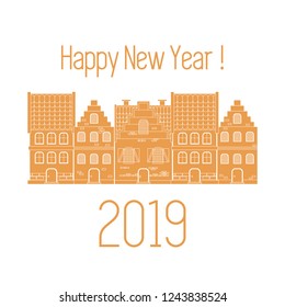 Happy New Year 2019 card. Vector illustration houses. Design for postcard, banner, print.