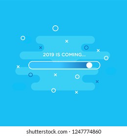 Happy New Year 2019 card theme. loading button sign on blue abstract fluid background