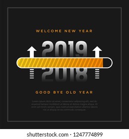 Happy New Year 2019 card theme. yellow loading time button with arrow on black background