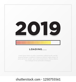 Happy New Year 2019 card theme. yellow loading time button on white gradient background