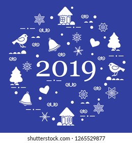 Happy New Year 2019 card. Christmas trees, birds, houses, gingerbread, bells, stars, hearts, snowflakes.