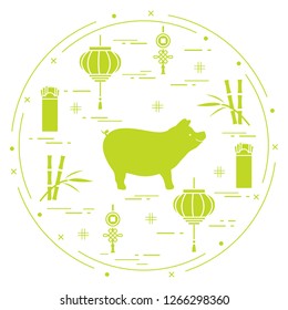 Happy New Year 2019 card. Chinese New Year symbols. Pig, lantern, chinese red envelopes of money, bamboo, coin for luck. Festive traditions of different countries.