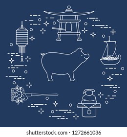 Happy New Year 2019 card. New Year symbols in Japan. Boar, lantern, bell, mochi, orange, treasure ship. Festive traditions of different countries.