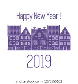Happy New Year 2019 card. Vector illustration houses. Design for postcard, banner, print.
