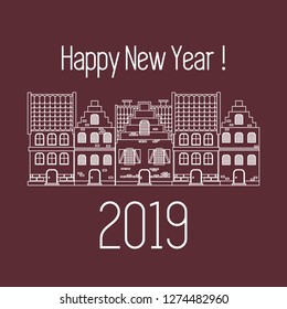 Happy New Year 2019 card. Vector illustration houses. Design for postcard, banner, print.