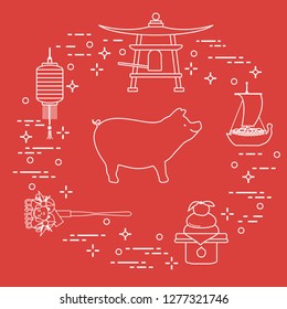 Happy New Year 2019 card. New Year symbols in Japan. Boar, lantern, bell, mochi, orange, treasure ship. Festive traditions of different countries.