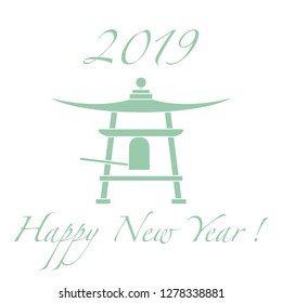 Happy New Year 2019 card. New Year symbol in Japan. Bell. Festive traditions of different countries.