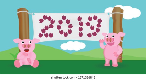 Happy new year 2019 with cartoon two pig pink color for present.