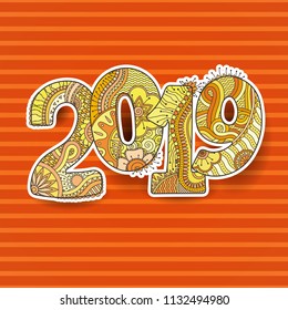 Happy New Year 2019 celebration number. Vector Xmas illustration in zentangle. Christmas background.