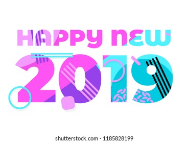 Happy New Year 2019 Celebration greeting card for New Year eve on blank background. Colorful beautiful geometric shapes