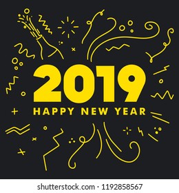 Happy New Year 2019 Celebration greeting card for New Year eve on blank background. Colorful beautiful geometric shapes