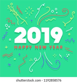 Happy New Year 2019 Celebration greeting card for New Year eve on blank background. Colorful beautiful geometric shapes