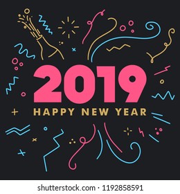 Happy New Year 2019 Celebration greeting card for New Year eve on blank background. Colorful beautiful geometric shapes