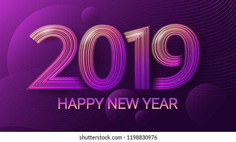Happy New Year 2019. Celebration. Christmas. Dark ultraviolet background. Vector. Template of postcard, invitation card, web banner. Winter holidays.