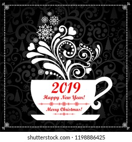 Happy new year 2019. Celebration background with cup, snowflake and place for your text. Christmas cup with floral design elements. Menu for restaurant, cafe, bar, tea-house. Vector Illustration