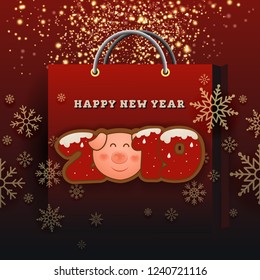 Happy New Year 2019 Celebration Greeting Card Background Design with Golden Particle and Snowflakes on Shopping Bag.