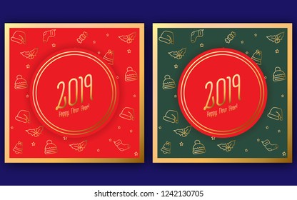 Happy New Year 2019 Celebration Greeting Card Social Media Post Red and Green Square Card  EPS10