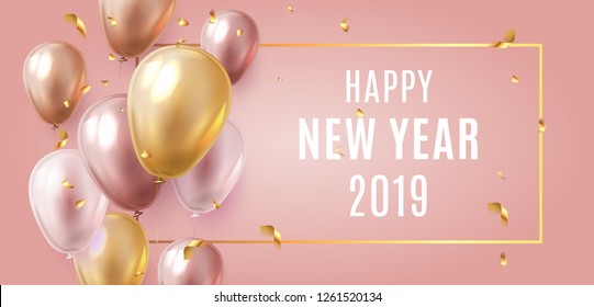 Happy New Year 2019 Celebration. Luxury Gold and Pink foil balloons with confetti in pink background. 3d ralistic vector illustration. EPS 10