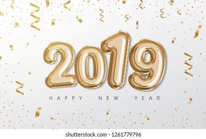 Happy New Year 2019 celebration. 3D Gold balloon text. Flat Vector Illustration - Vector