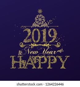 Happy New Year 2019 celebration background. Blue and gold color. Vector Version. 