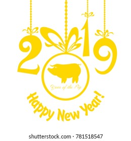 Happy new year 2019. Celebration background with Christmas balls, pig and place for your text. Vector Illustration
