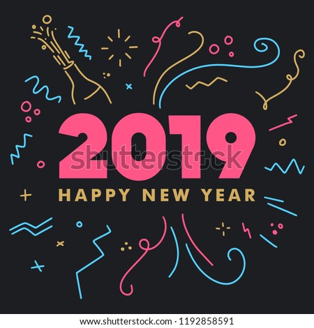 Happy New Year 2019 Celebration greeting card for New Year eve on blank background. Colorful beautiful geometric shapes